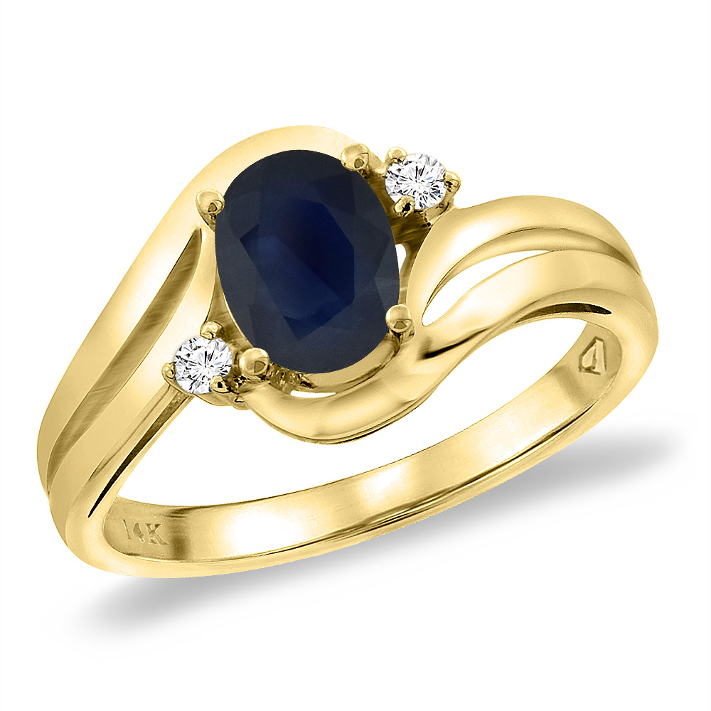 14K Yellow Gold Diamond Natural Quality Blue Sapphire Bypass Engagement Ring Oval 8x6 mm, size 5 -10