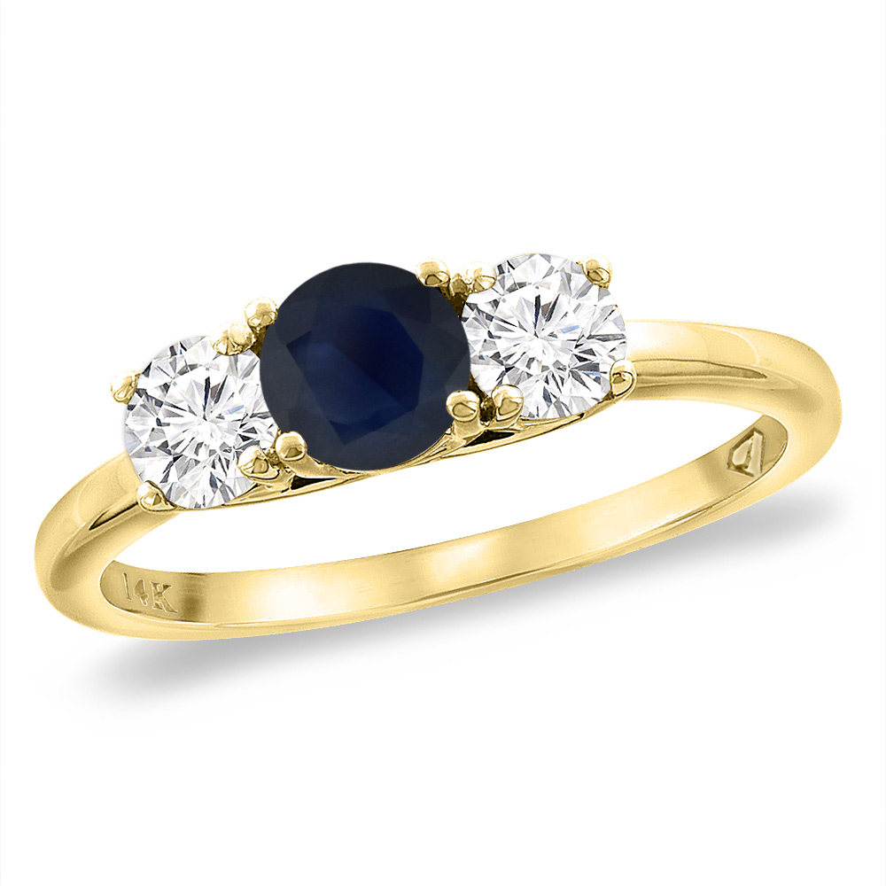 14K Yellow Gold Diamond Natural Quality Blue Sapphire Engagement Ring 5mm Round, size 5 -10