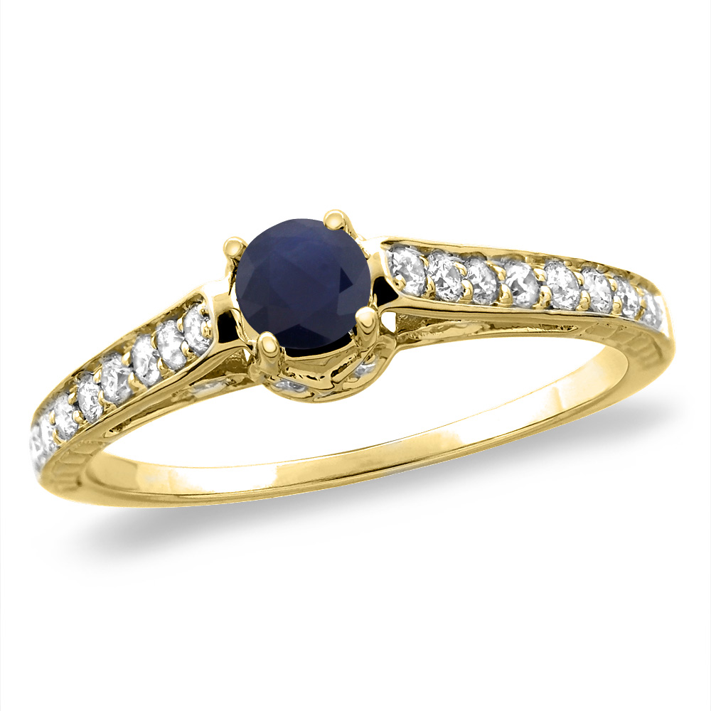 14K White/Yellow Gold Diamond Natural Quality Blue Sapphire Engagement Ring Round 5 mm, sizes 5-10