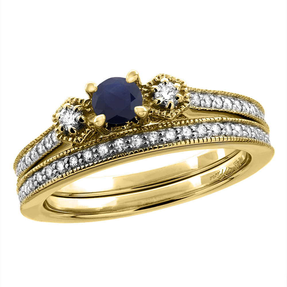 14K Yellow Gold Diamond Natural Quality Blue Sapphire 2pc Engagement Ring Set Round 4 mm, size 5 - 10