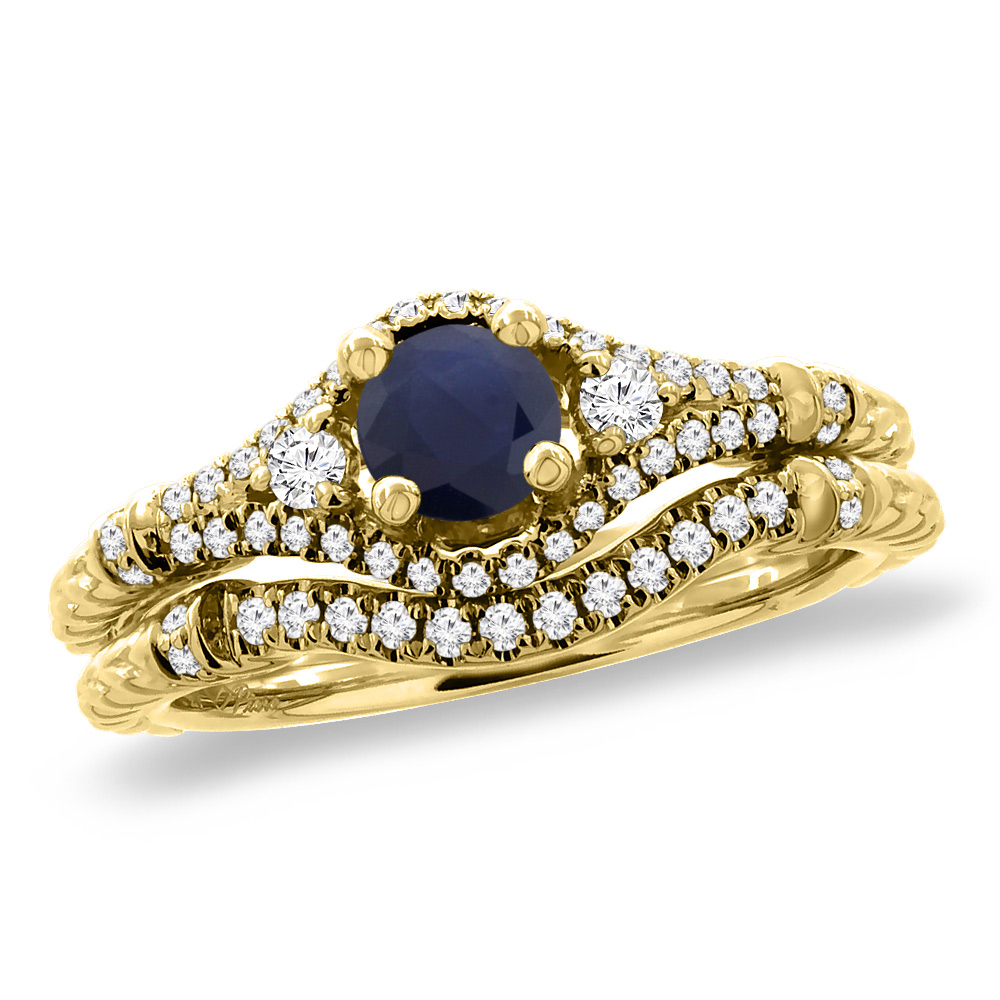 14K Yellow Gold Diamond Natural Ruby 2pc Engagement Ring Set Round 4 mm, sizes 5 - 10