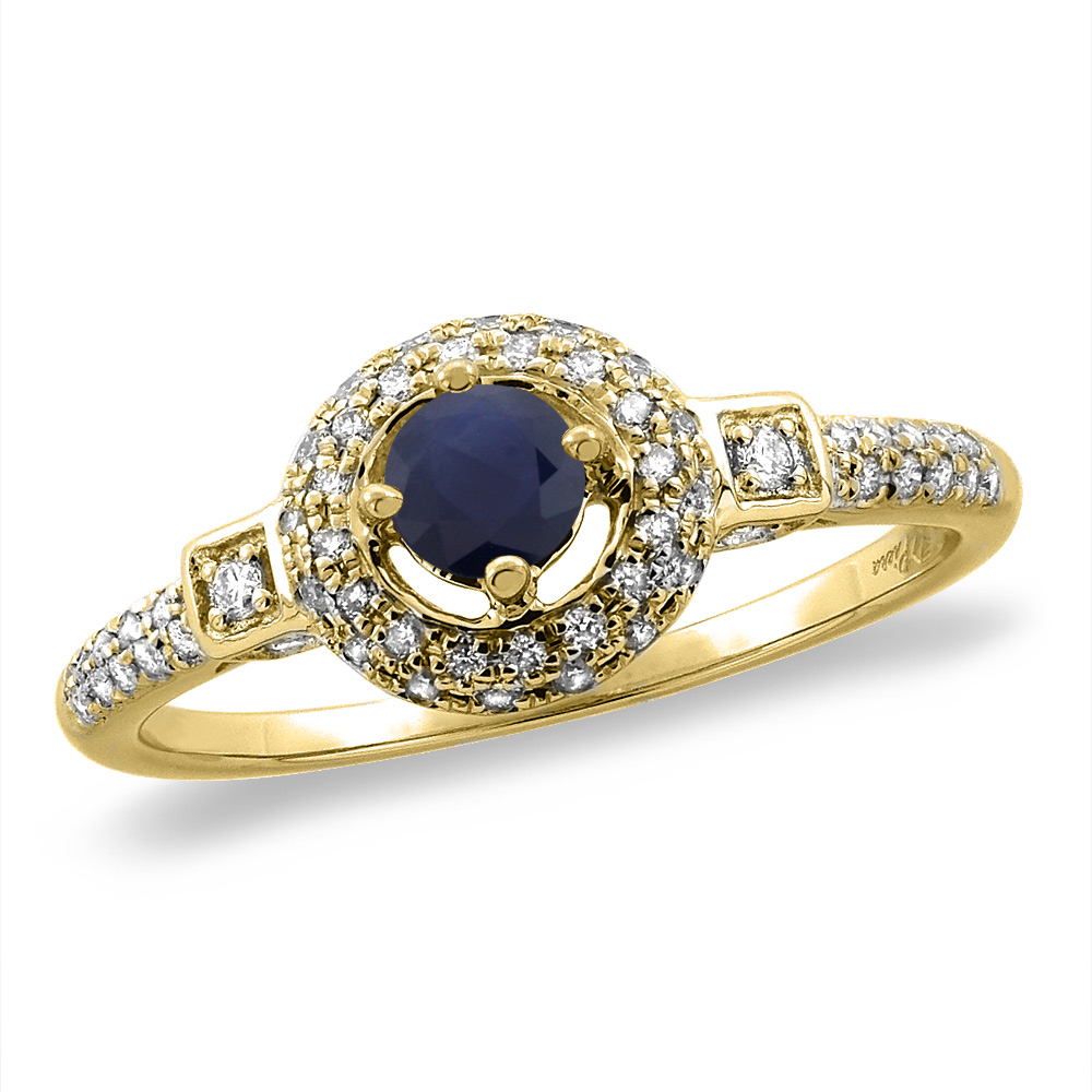 14K White/Yellow Gold Diamond Natural Quality Blue Sapphire Halo Engagement Ring Round 4 mm, size 5 -10