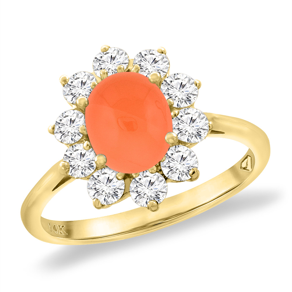 14K Yellow Gold Diamond Natural Orange Moonstone Engagement Ring Oval 8x6 mm, sizes 5 -10
