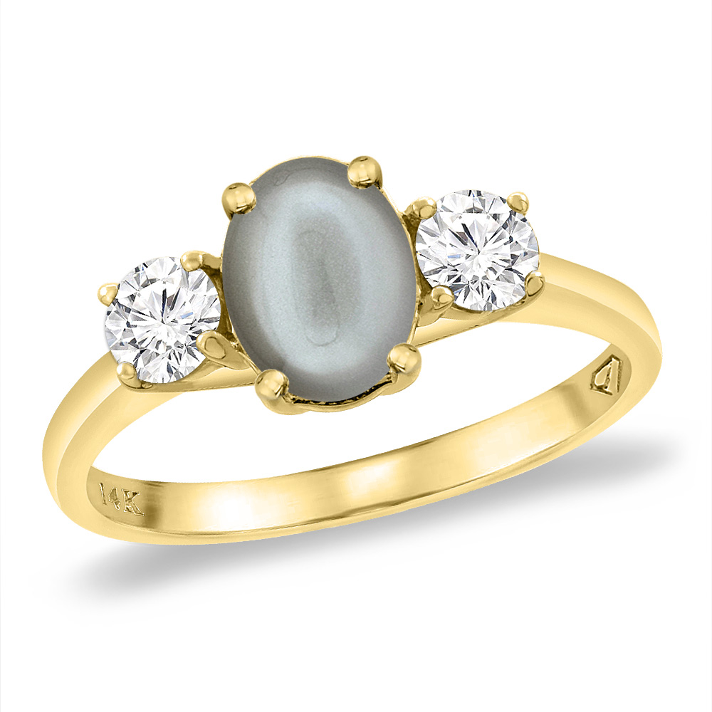 14K Yellow Gold Natural Gray Moonstone & 2pc. Diamond Engagement Ring Oval 8x6 mm, sizes 5 -10