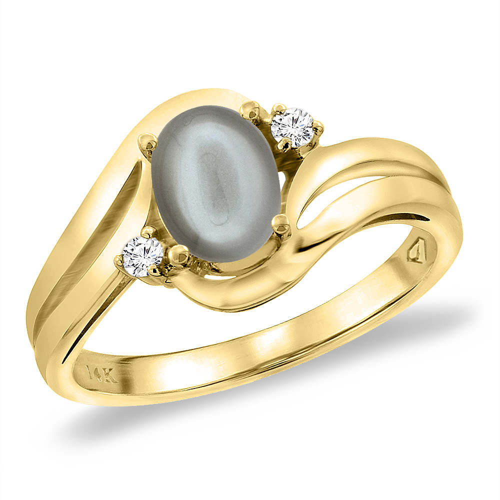 14K Yellow Gold Diamond Natural Gray Moonstone Bypass Engagement Ring Oval 8x6 mm, sizes 5 -10