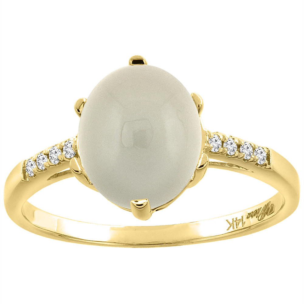 14K Yellow Gold Natural Light Gray Moonstone & Diamond Ring Oval 10x8 mm, sizes 5-10