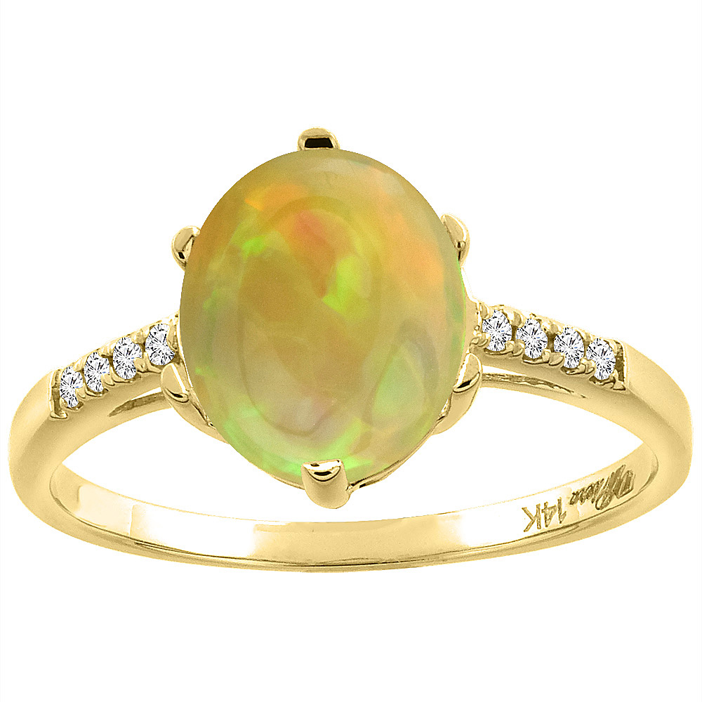 14K Yellow Gold Diamond Natural Ethiopian Opal Engagement Ring Oval 10x8 mm, size 5-10