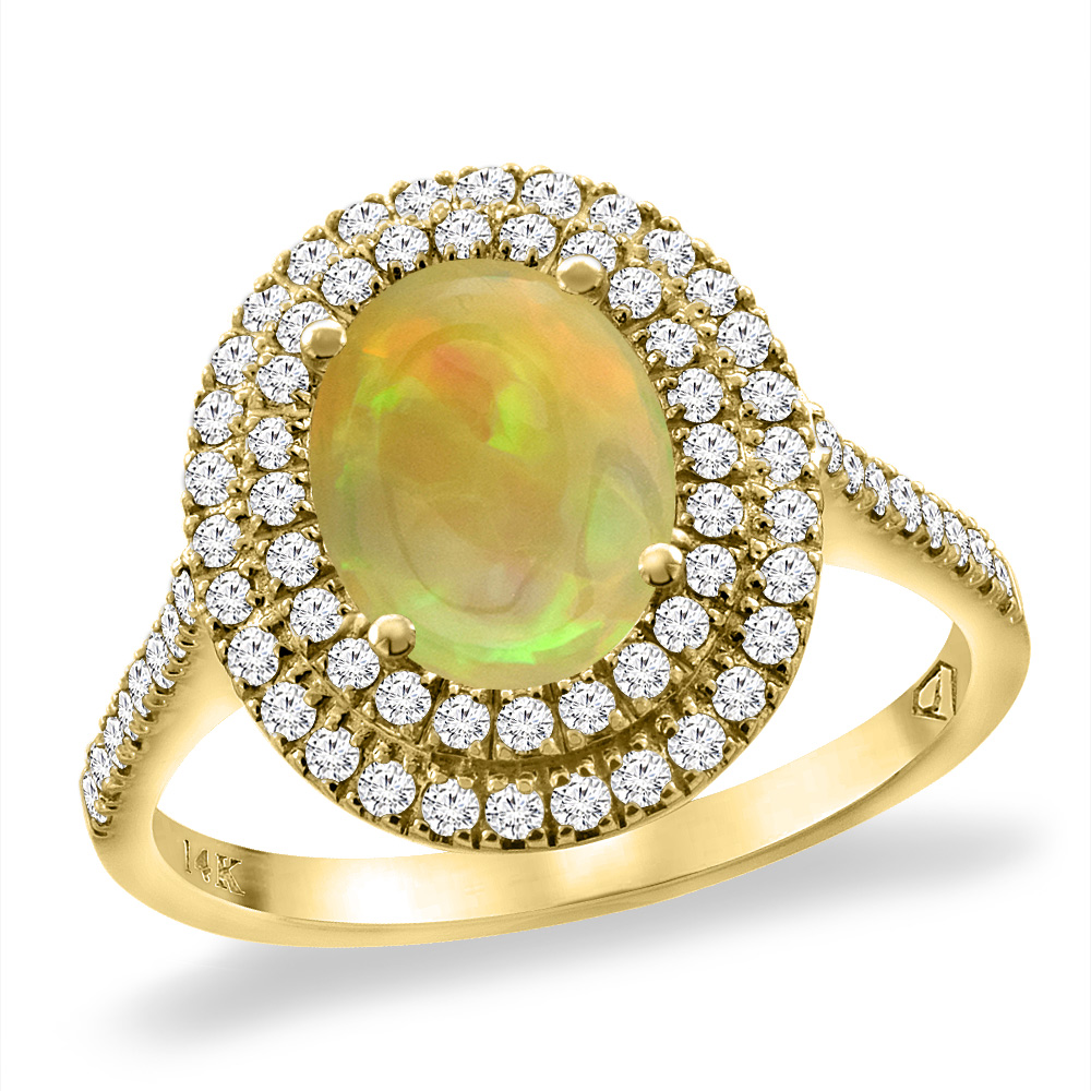 14K Yellow Gold Natural Ethiopian Opal Two Halo Diamond Engagement Ring 9x7 mm Oval, sizes 5 -10