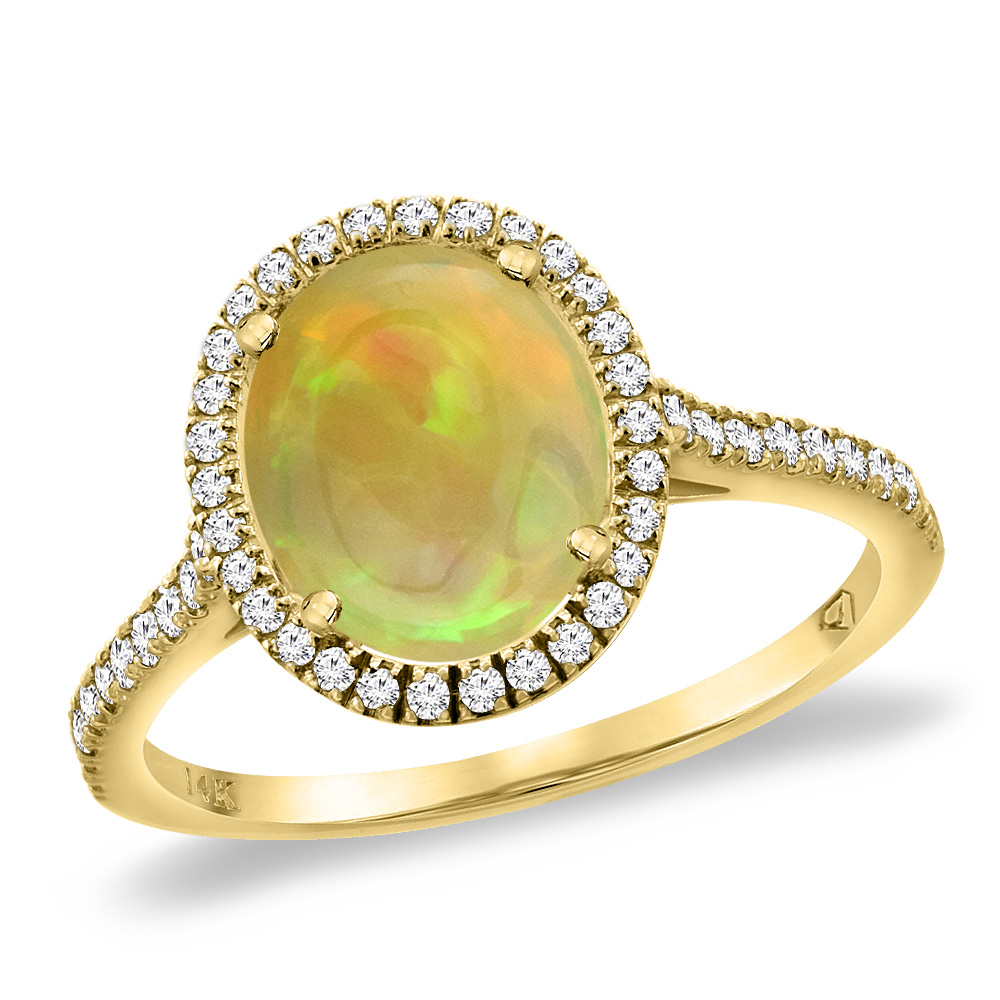 14K Yellow Gold Natural Ethiopian Opal Diamond Halo Engagement Ring 10x8 mm Oval, sizes 5 -10