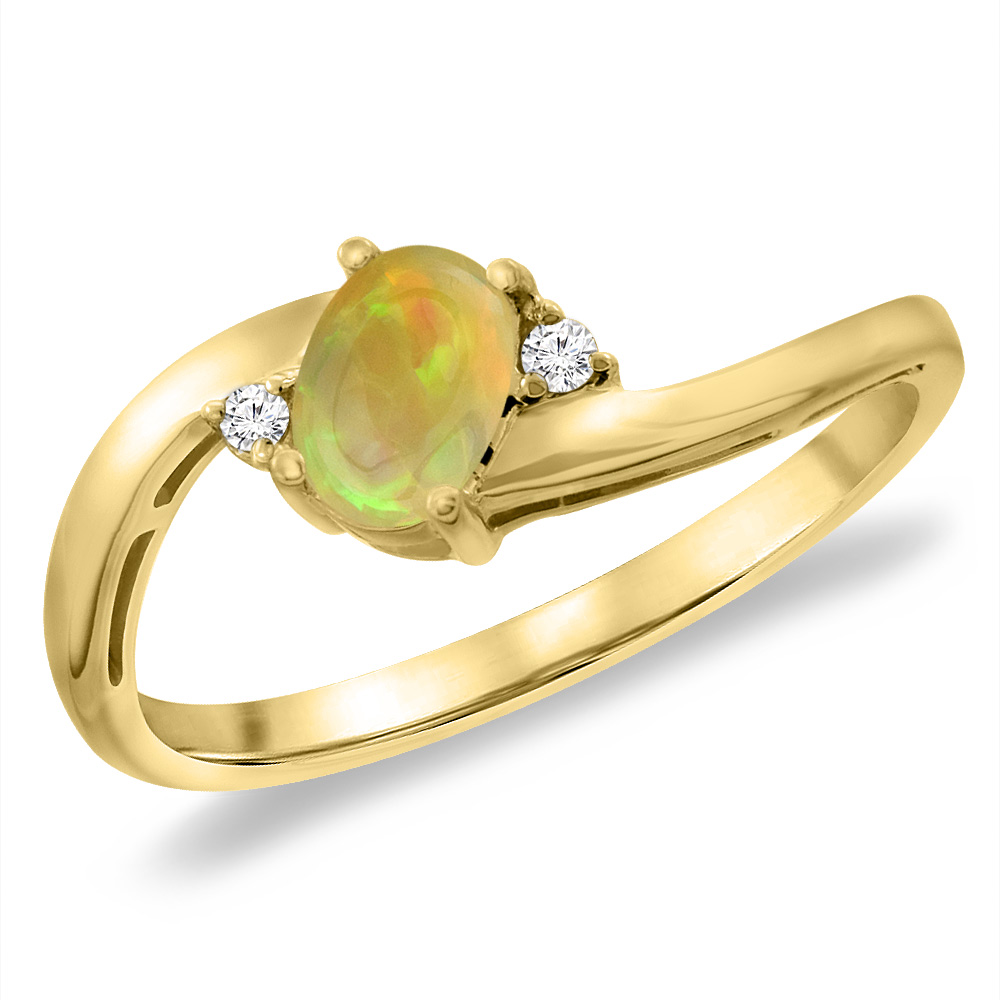 14K Yellow Gold Diamond Natural Ethiopian Opal Bypass Engagement Ring Oval 6x4 mm, sizes 5 -10