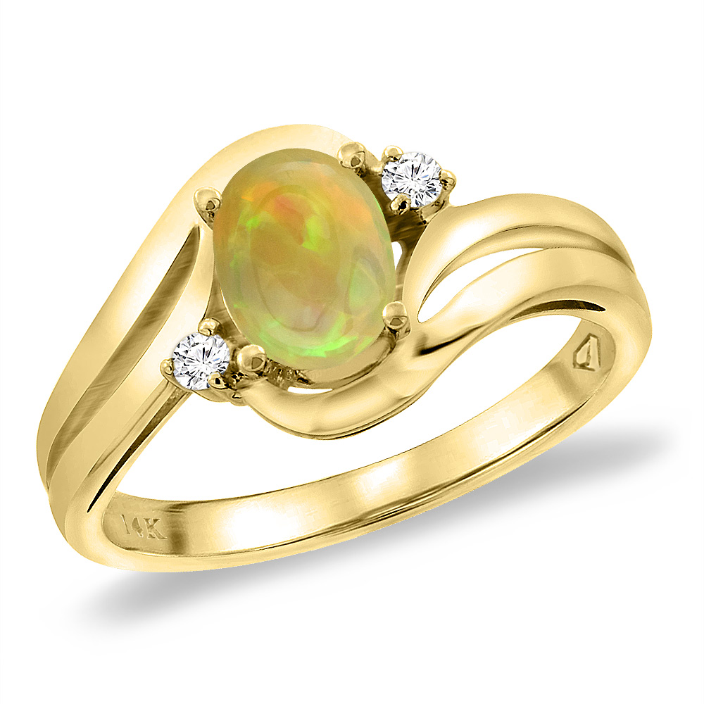 14K Yellow Gold Diamond Natural Ethiopian Opal Bypass Engagement Ring Oval 8x6 mm, sizes 5 -10