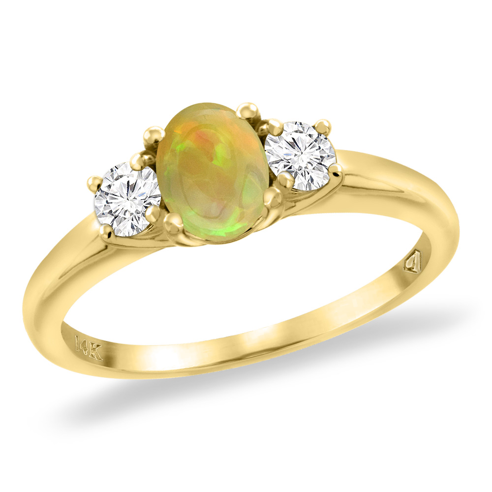 14K Yellow Gold Natural Ethiopian Opal Engagement Ring Diamond Accents Oval 7x5 mm, sizes 5 -10
