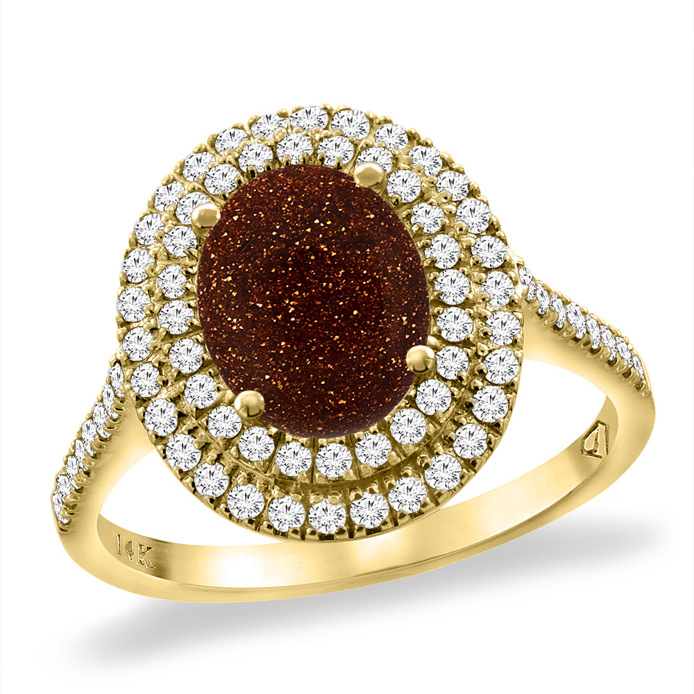 14K Yellow Gold Natural Gold Goldstone Two Halo Diamond Engagement Ring 9x7 mm Oval, sizes 5 -10