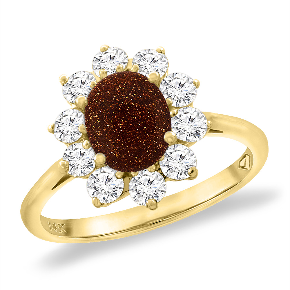 14K Yellow Gold Diamond Natural Goldstone Engagement Ring Oval 8x6 mm, sizes 5 -10