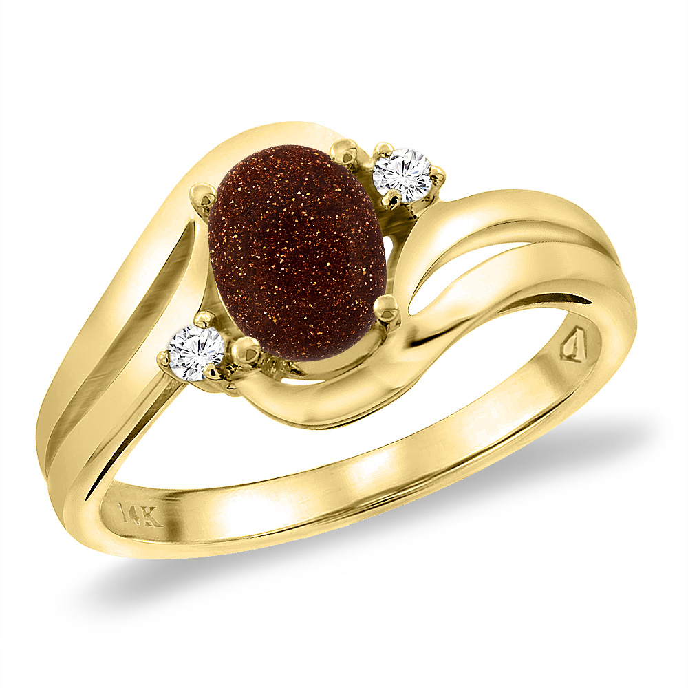 14K Yellow Gold Diamond Natural Goldstone Bypass Engagement Ring Oval 8x6 mm, sizes 5 -10