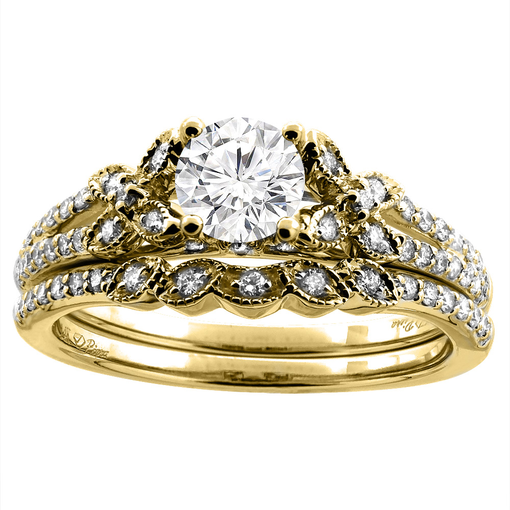 14K White/Yellow Gold Floral 0.5 ct Cubic Zirconia 2pc Engagement Ring Set Round 5 mm, sizes 5-10