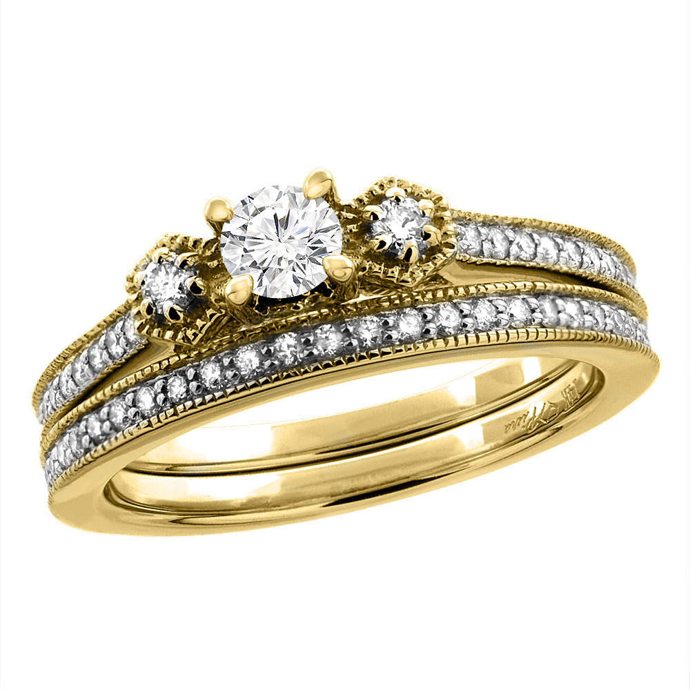 14K Yellow Gold 0.25 ct Cubic Zirconia 2pc Engagement Ring Set Round 4 mm, sizes 5 - 10