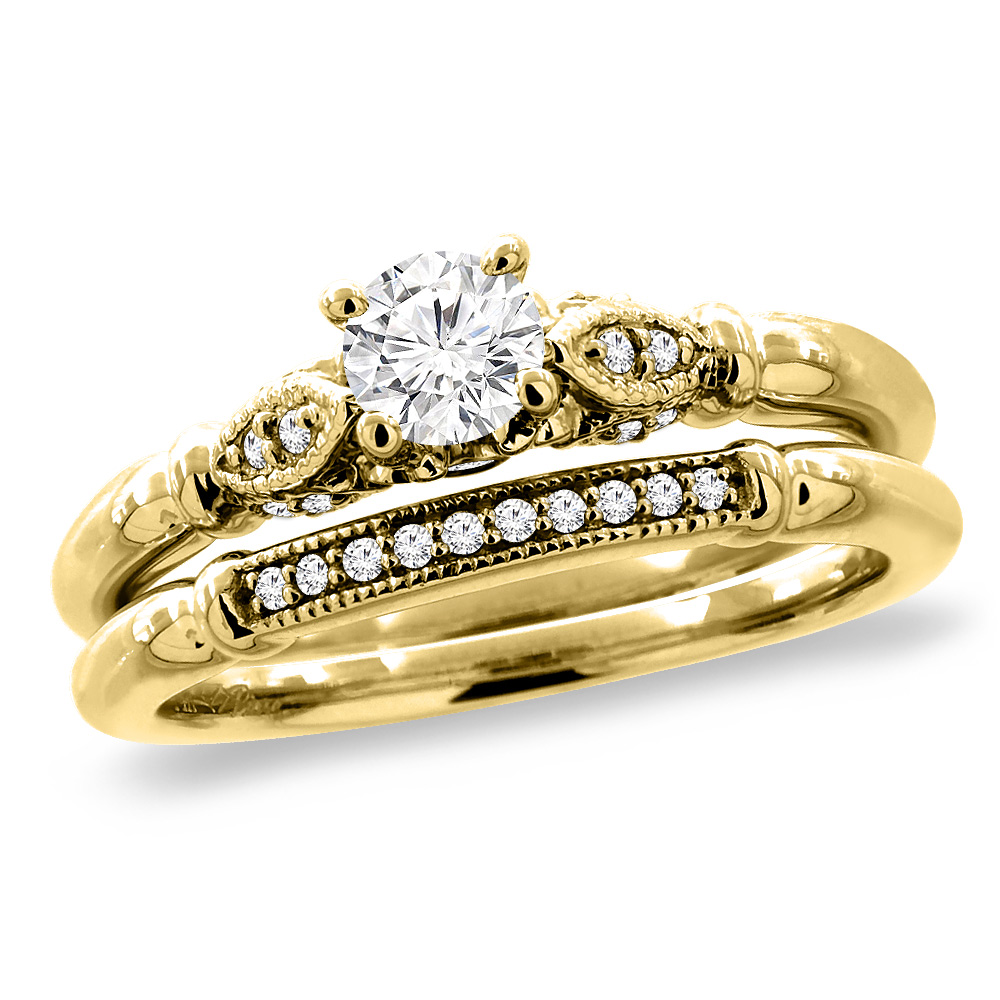 14K Yellow Gold 0.25 ct Cubic Zirconia 2pc Engagement Ring Set Round 4 mm, sizes 5 - 10