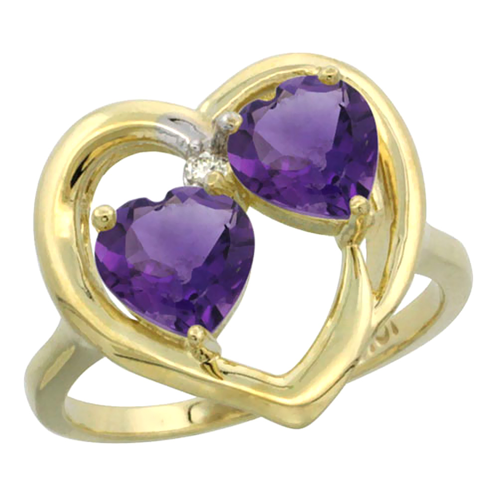 14K Yellow Gold Diamond Two-stone Heart Ring 6 mm Natural Amethyst, sizes 5-10