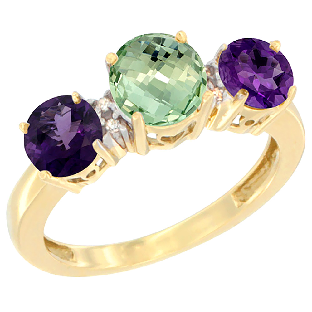 10K Yellow Gold Round 3-Stone Natural Green Amethyst Ring &amp; Amethyst Sides Diamond Accent, sizes 5 - 10