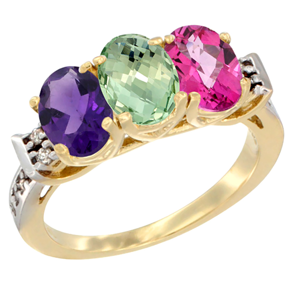 10K Yellow Gold Natural Amethyst, Green Amethyst & Pink Topaz Ring 3-Stone Oval 7x5 mm Diamond Accent, sizes 5 - 10