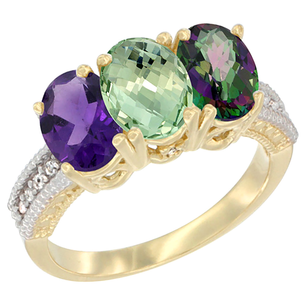 14K Yellow Gold Natural Amethyst, Green Amethyst & Mystic Topaz Ring 3-Stone 7x5 mm Oval Diamond Accent, sizes 5 - 10