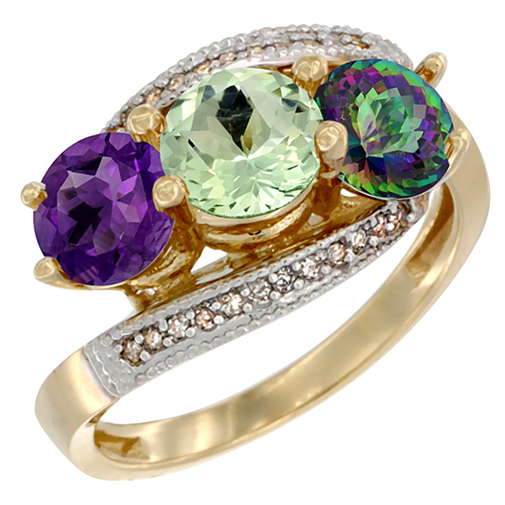 10K Yellow Gold Natural Amethyst, Green Amethyst &amp; Mystic Topaz 3 stone Ring Round 6mm Diamond Accent, sizes 5 - 10