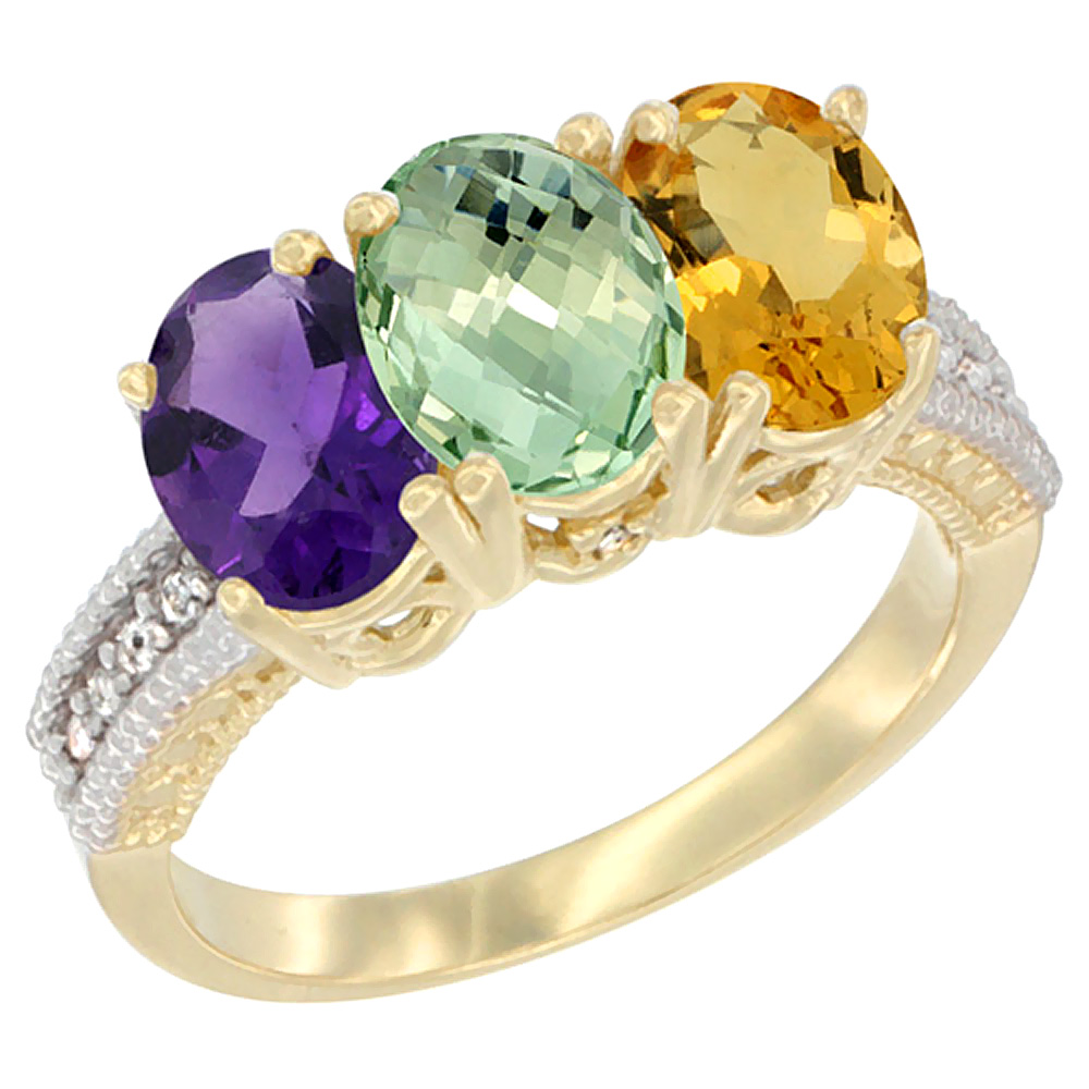 14K Yellow Gold Natural Amethyst, Green Amethyst & Citrine Ring 3-Stone 7x5 mm Oval Diamond Accent, sizes 5 - 10