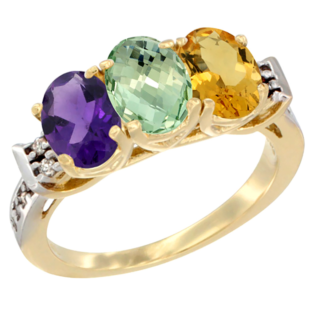 10K Yellow Gold Natural Amethyst, Green Amethyst &amp; Citrine Ring 3-Stone Oval 7x5 mm Diamond Accent, sizes 5 - 10