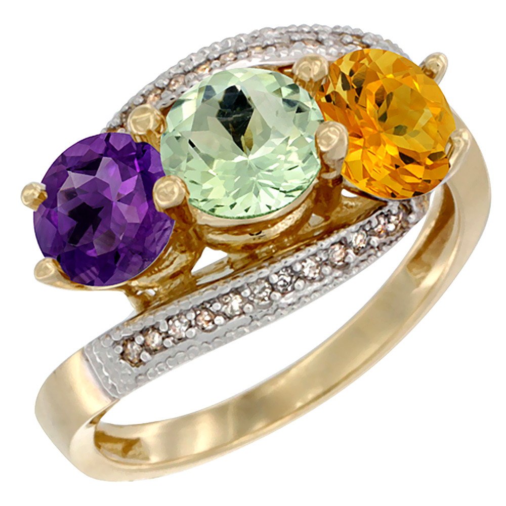 10K Yellow Gold Natural Amethyst, Green Amethyst &amp; Citrine 3 stone Ring Round 6mm Diamond Accent, sizes 5 - 10