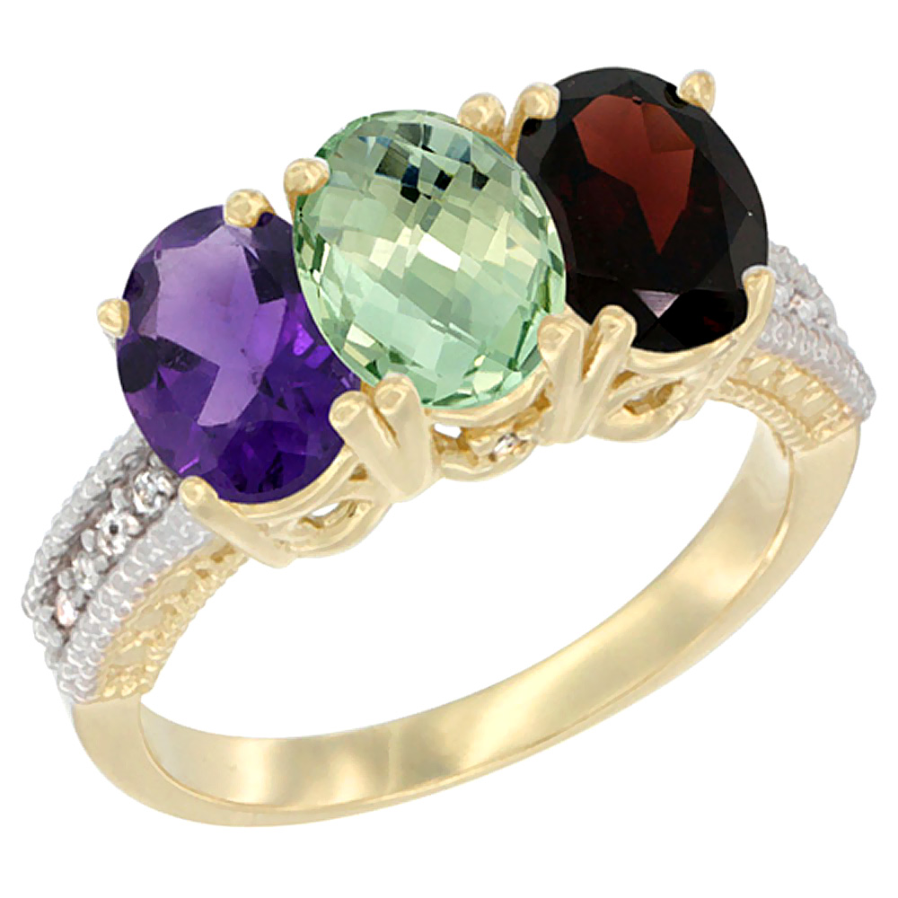 10K Yellow Gold Diamond Natural Purple & Green Amethysts & Garnet Ring Oval 3-Stone 7x5 mm,sizes 5-10