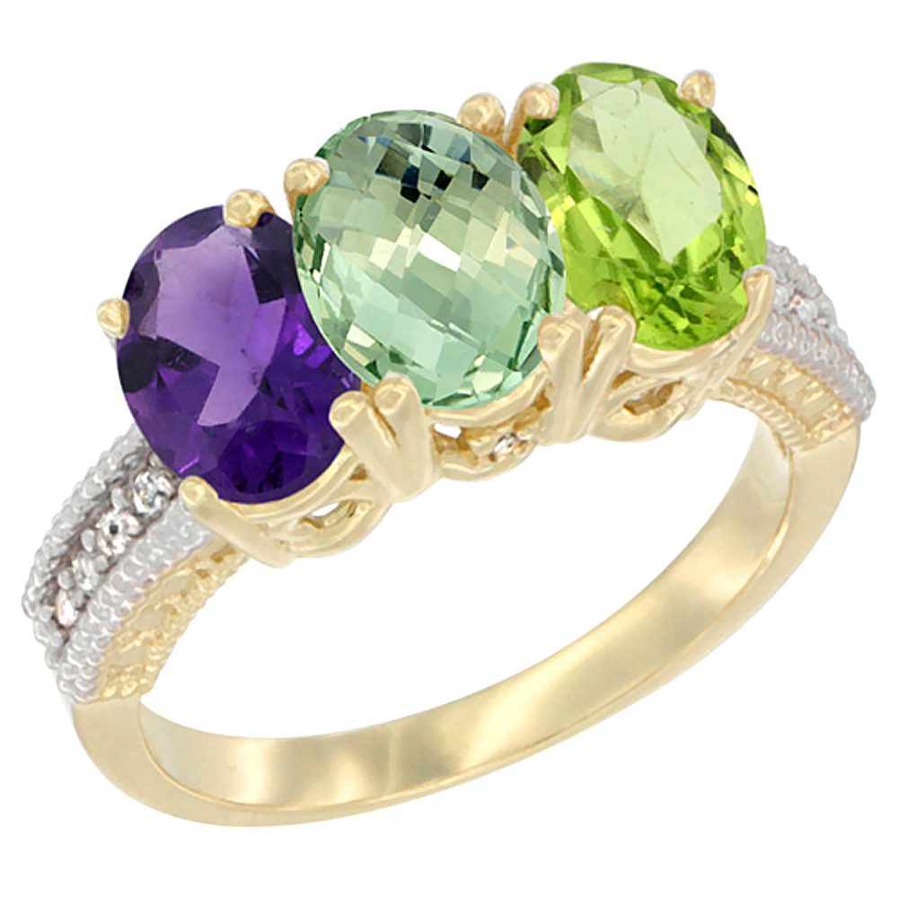 14K Yellow Gold Natural Amethyst, Green Amethyst &amp; Peridot Ring 3-Stone 7x5 mm Oval Diamond Accent, sizes 5 - 10