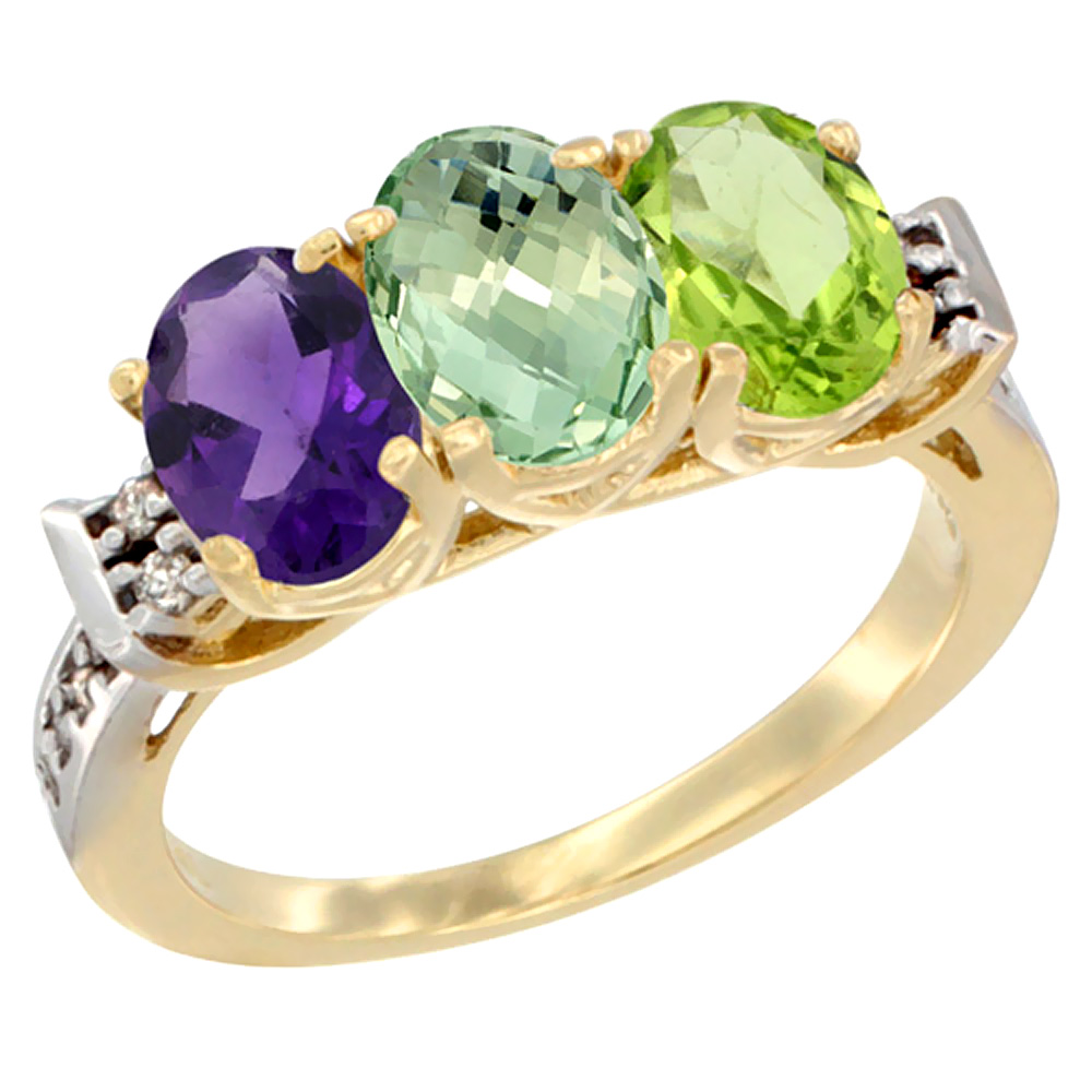10K Yellow Gold Natural Amethyst, Green Amethyst &amp; Peridot Ring 3-Stone Oval 7x5 mm Diamond Accent, sizes 5 - 10