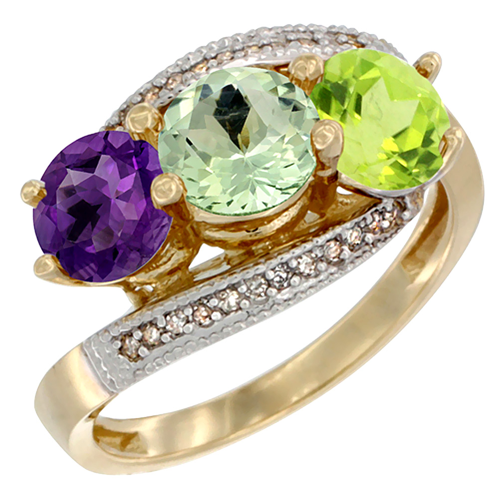 10K Yellow Gold Natural Amethyst, Green Amethyst &amp; Peridot 3 stone Ring Round 6mm Diamond Accent, sizes 5 - 10