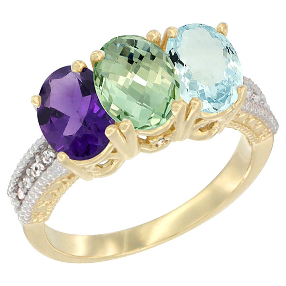 10K Yellow Gold Diamond Natural Purple &amp; Green Amethysts &amp; Aquamarine Ring Oval 3-Stone 7x5 mm,sizes 5-10