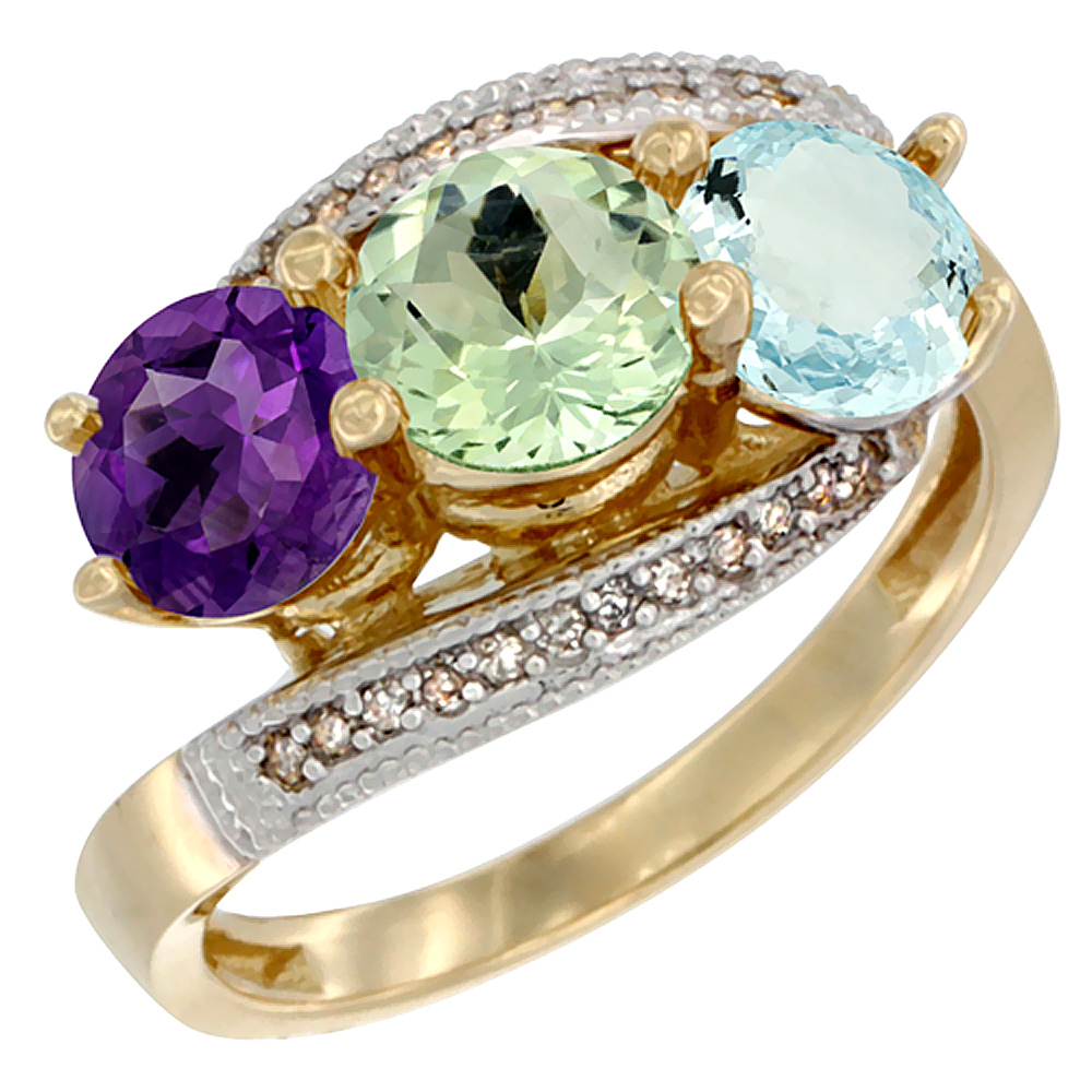 10K Yellow Gold Natural Amethyst, Green Amethyst & Aquamarine 3 stone Ring Round 6mm Diamond Accent, sizes 5 - 10