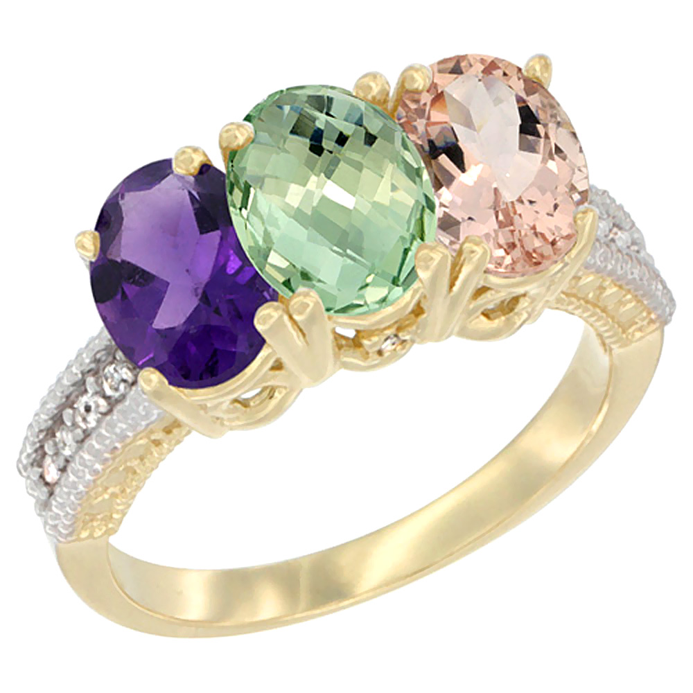 14K Yellow Gold Natural Amethyst, Green Amethyst & Morganite Ring 3-Stone 7x5 mm Oval Diamond Accent, sizes 5 - 10
