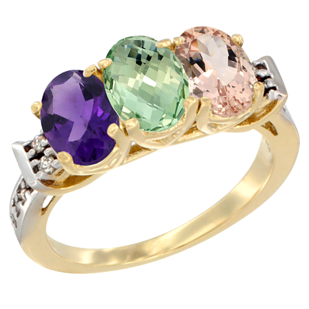 10K Yellow Gold Natural Amethyst, Green Amethyst &amp; Morganite Ring 3-Stone Oval 7x5 mm Diamond Accent, sizes 5 - 10