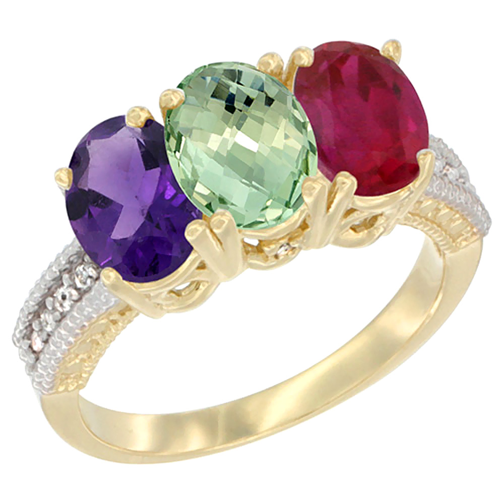 14K Yellow Gold Natural Amethyst, Green Amethyst & Enhanced Ruby Ring 3-Stone 7x5 mm Oval Diamond Accent, sizes 5 - 10