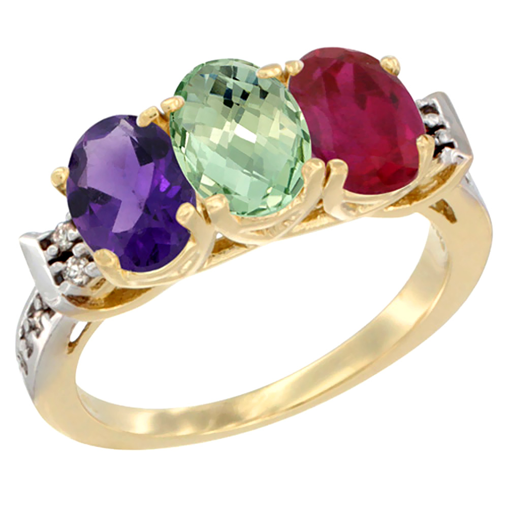 14K Yellow Gold Natural Amethyst, Green Amethyst &amp; Enhanced Ruby Ring 3-Stone 7x5 mm Oval Diamond Accent, sizes 5 - 10