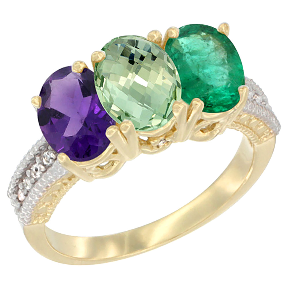 14K Yellow Gold Natural Amethyst, Green Amethyst & Emerald Ring 3-Stone 7x5 mm Oval Diamond Accent, sizes 5 - 10