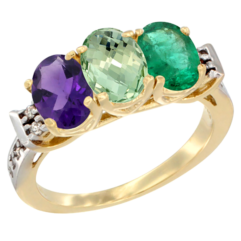10K Yellow Gold Natural Amethyst, Green Amethyst & Emerald Ring 3-Stone Oval 7x5 mm Diamond Accent, sizes 5 - 10