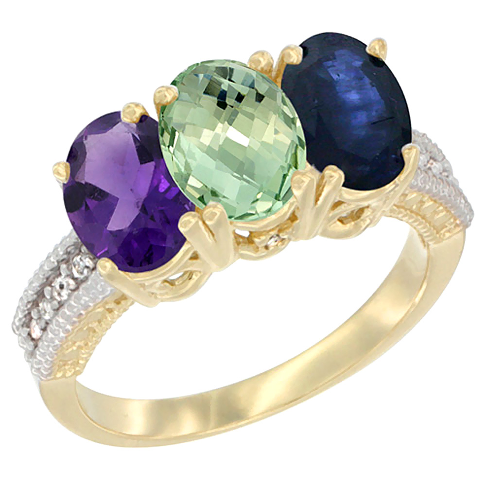 14K Yellow Gold Natural Amethyst, Green Amethyst & Blue Sapphire Ring 3-Stone 7x5 mm Oval Diamond Accent, sizes 5 - 10