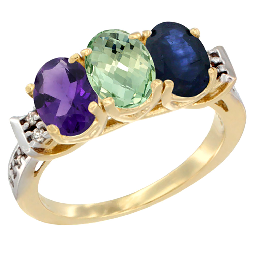 14K Yellow Gold Natural Amethyst, Green Amethyst &amp; Blue Sapphire Ring 3-Stone 7x5 mm Oval Diamond Accent, sizes 5 - 10