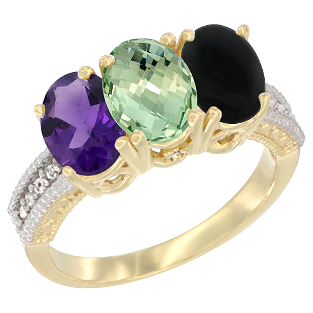 14K Yellow Gold Natural Amethyst, Green Amethyst &amp; Black Onyx Ring 3-Stone 7x5 mm Oval Diamond Accent, sizes 5 - 10