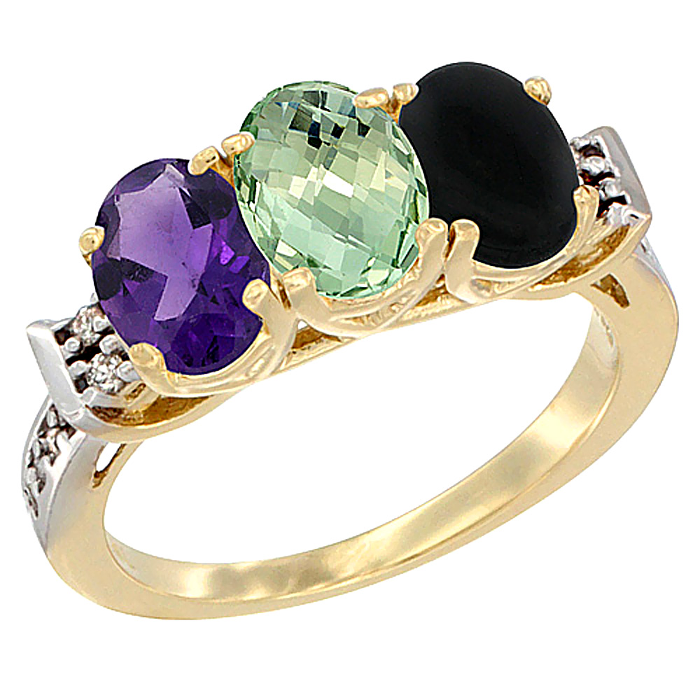 10K Yellow Gold Natural Amethyst, Green Amethyst & Black Onyx Ring 3-Stone Oval 7x5 mm Diamond Accent, sizes 5 - 10