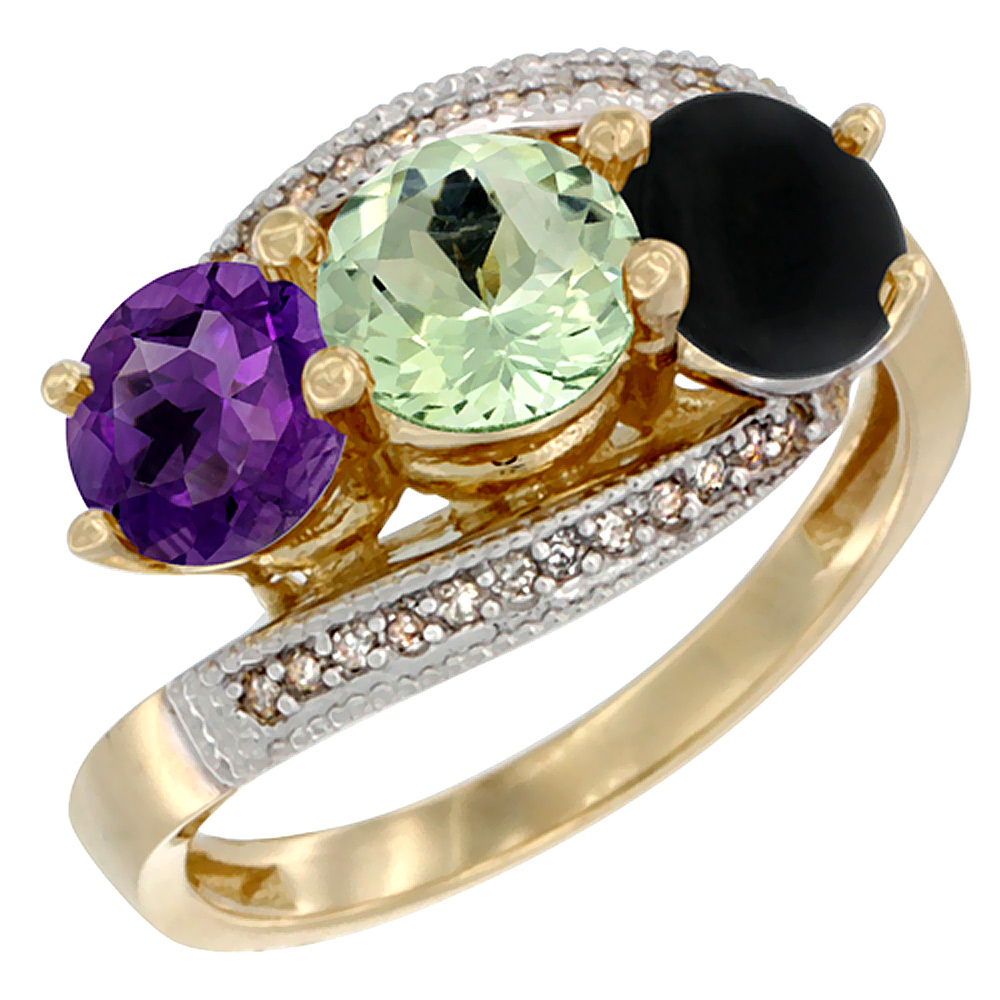 10K Yellow Gold Natural Amethyst, Green Amethyst &amp; Black Onyx 3 stone Ring Round 6mm Diamond Accent, sizes 5 - 10