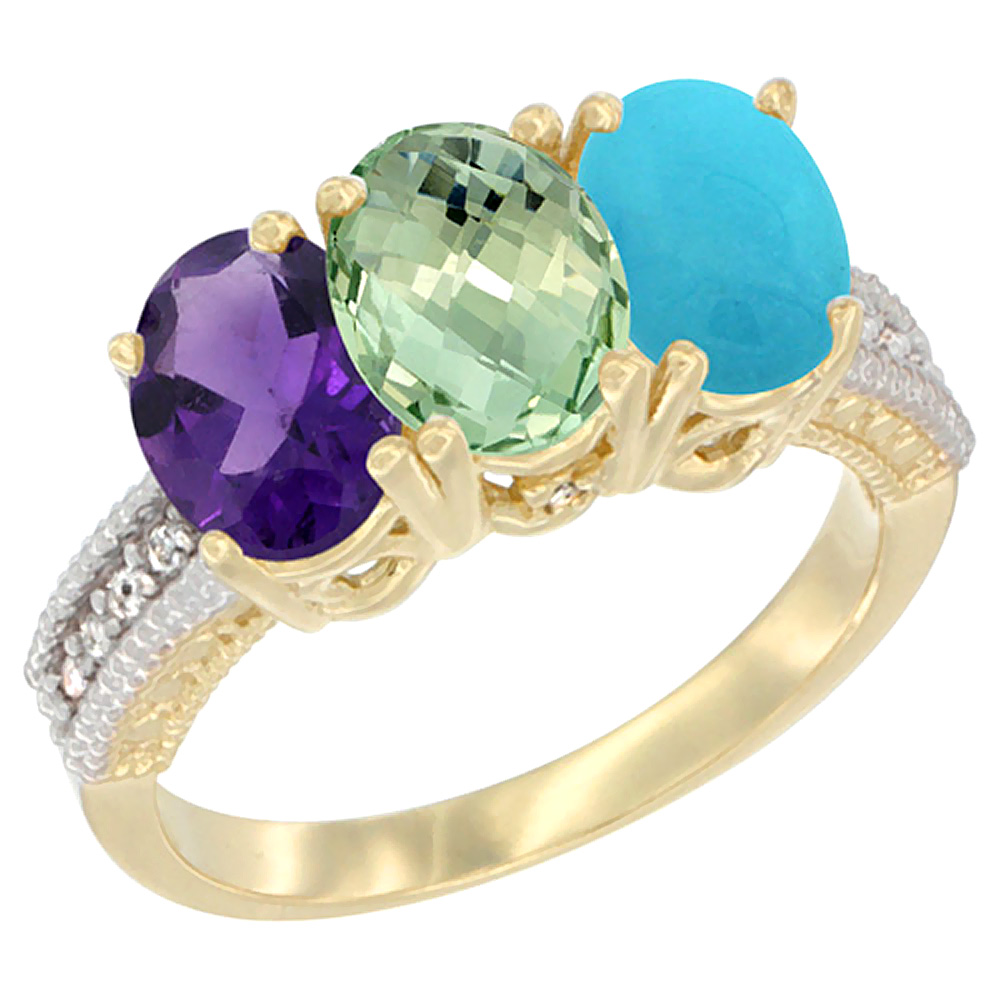 14K Yellow Gold Natural Amethyst, Green Amethyst & Turquoise Ring 3-Stone 7x5 mm Oval Diamond Accent, sizes 5 - 10