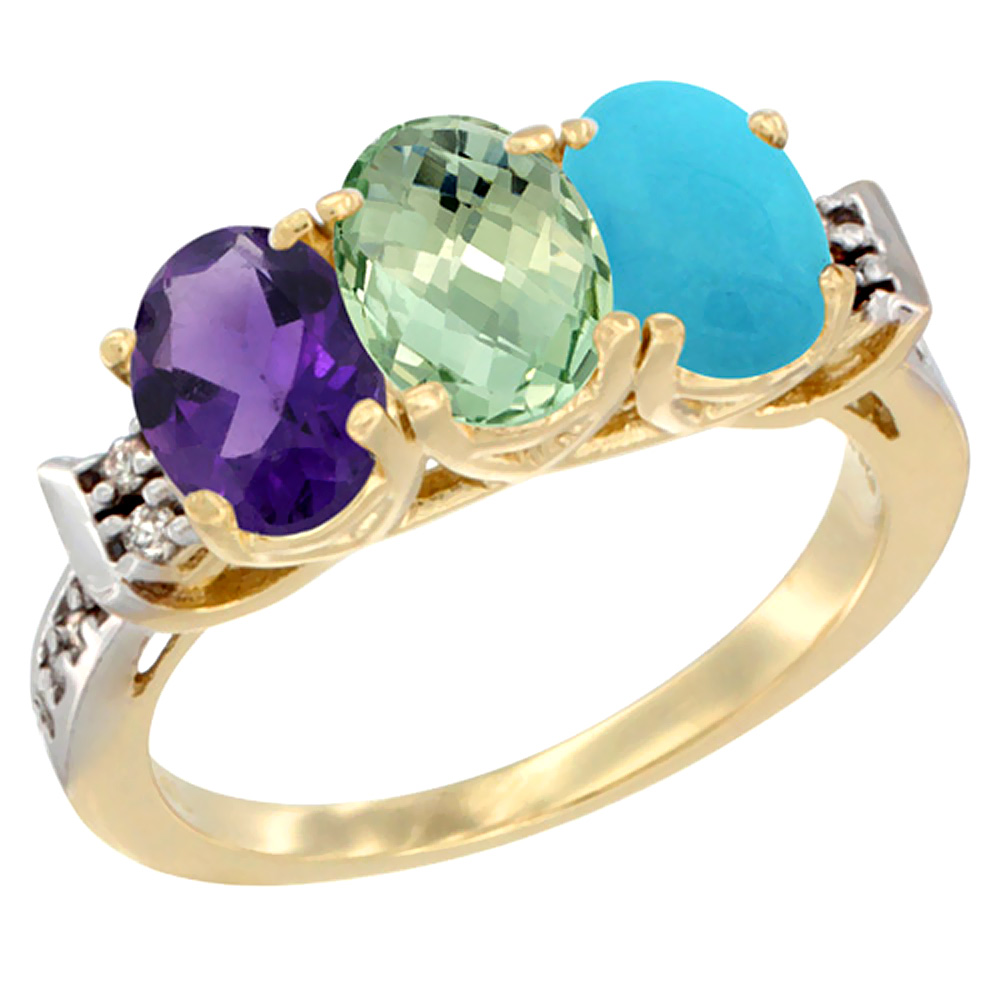 14K Yellow Gold Natural Amethyst, Green Amethyst &amp; Turquoise Ring 3-Stone 7x5 mm Oval Diamond Accent, sizes 5 - 10