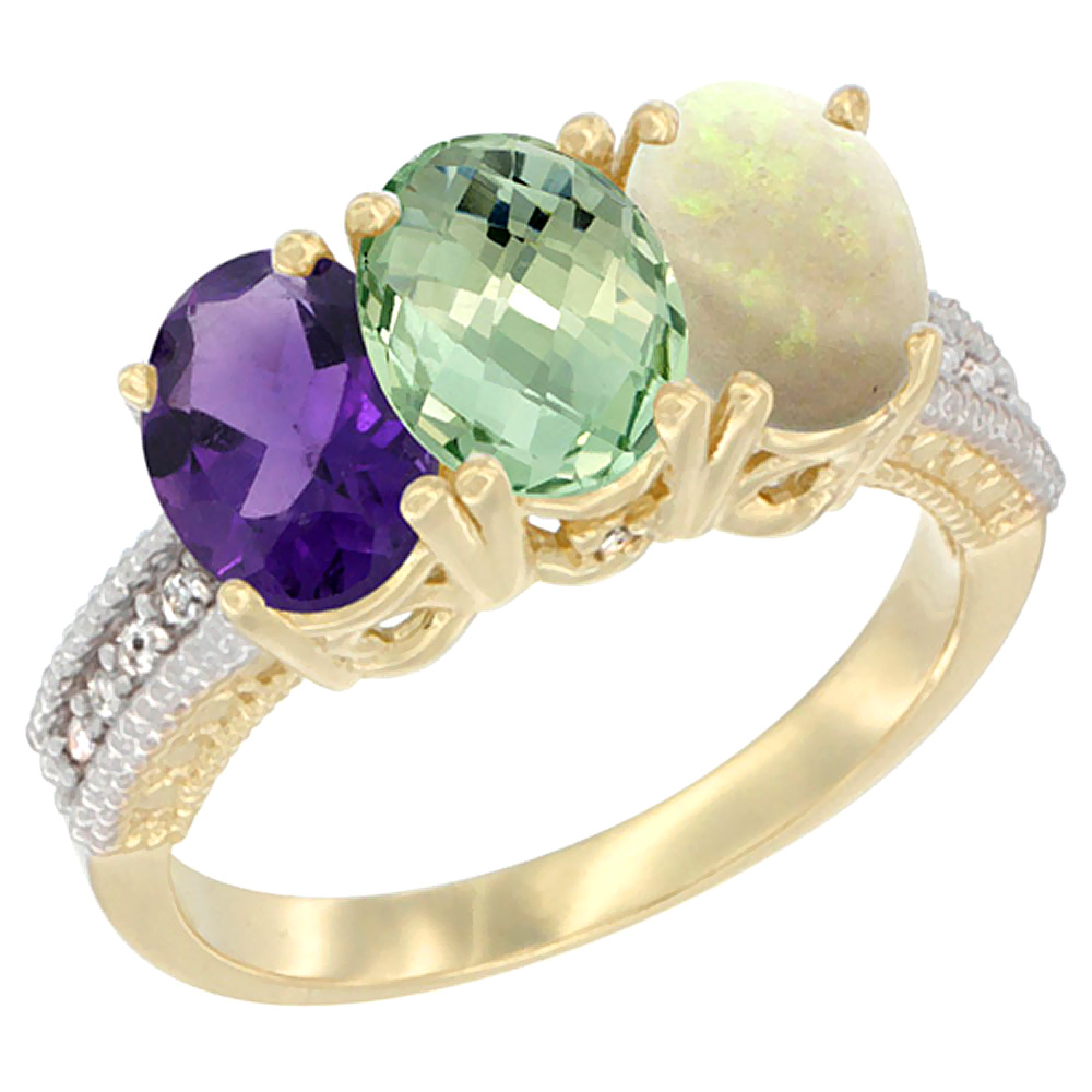 14K Yellow Gold Natural Amethyst, Green Amethyst & Opal Ring 3-Stone 7x5 mm Oval Diamond Accent, sizes 5 - 10